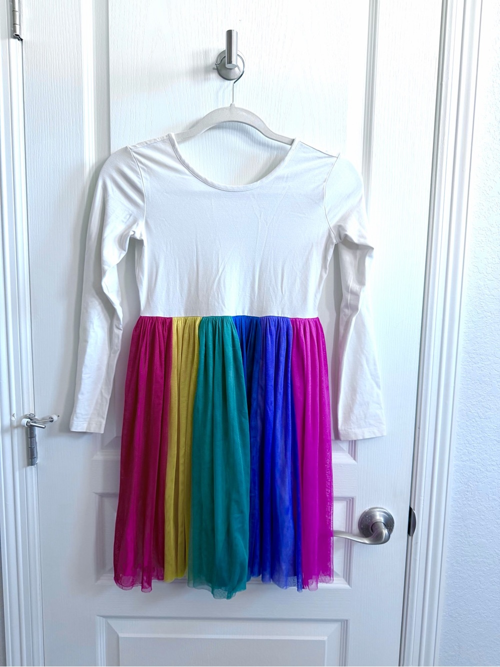 Hanna Andersson White Ribbed Long Sleeve Top | Rainbow Tulle Dress 10/12